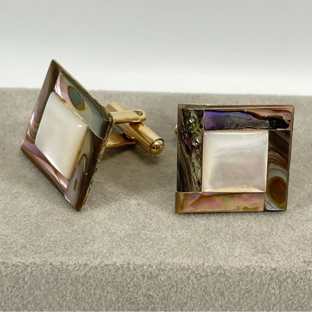 Vintage Cufflinks Mother of Pearl Abalone Inlay Gold Tone Metal Cufflinks